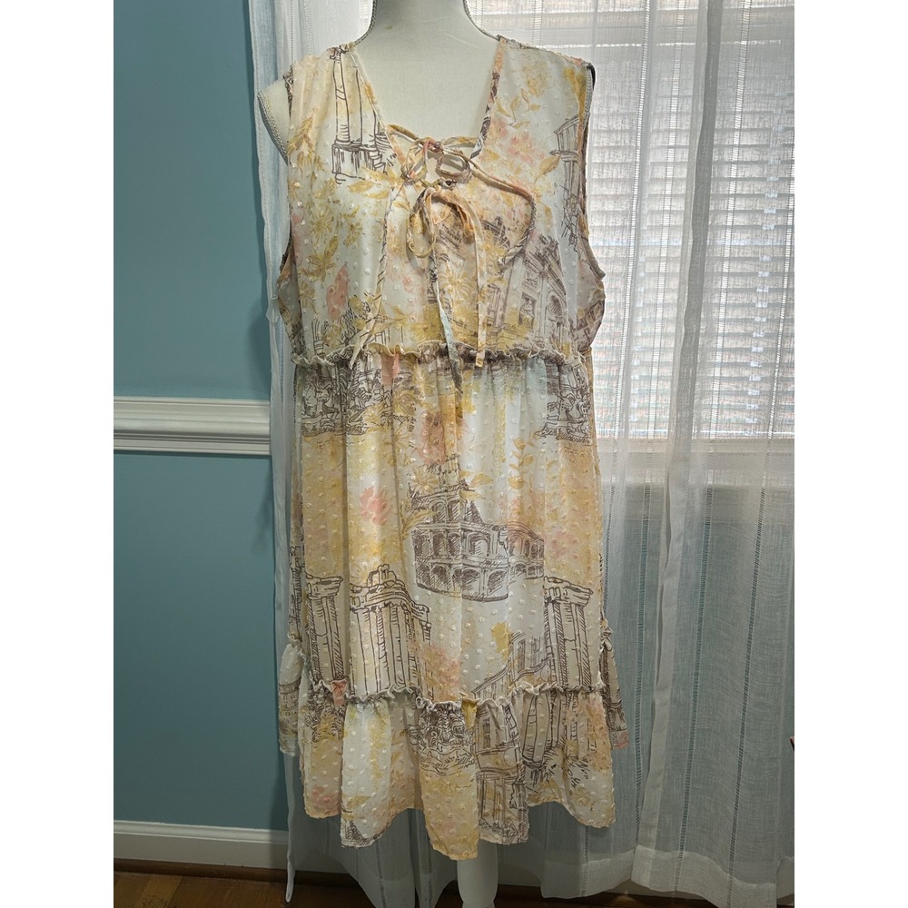 C.‎ Est 1946 Womens XL Roman Architecture Clip Dot Tiered Babydoll Dress Cream